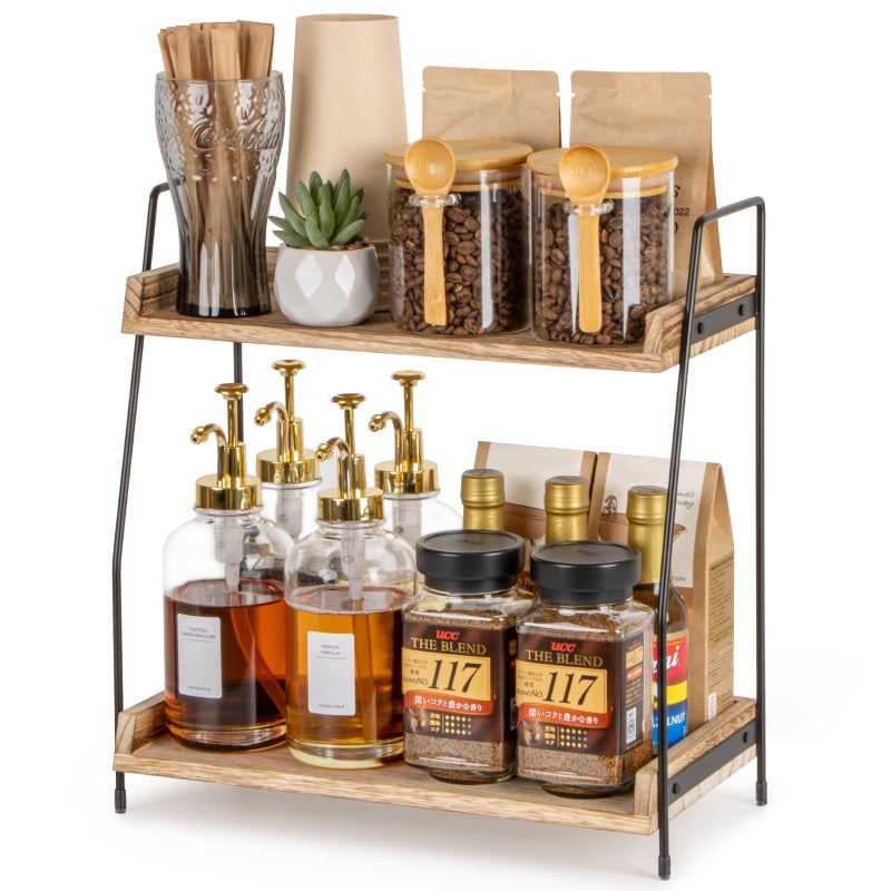 ANBOXIT Countertop Coffee Station Organizer, 2 Tier Wooden Shelf for Coffee Bar Accessories, Condiment Storage Caddy for Kitchen, Home, Office - Brown - Image 1