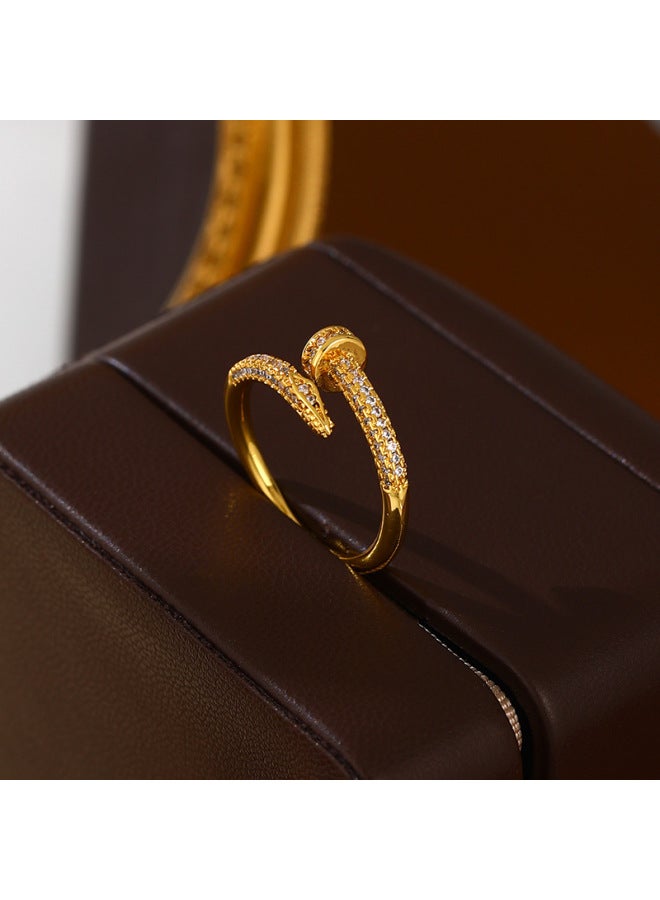 Real Gold Electroplated European And American Style Minimalist Nail Zircon Ring, Plated With 18k Real Gold, Versatile Trendy Hip-hop Ring For Women