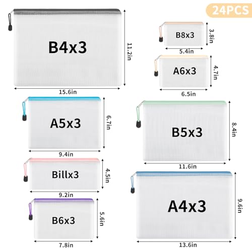EOOUT 24pcs Mesh Zipper Pouch, Waterproof Zipper Bags, 8 Sizes Plastic Travel Pouch, 8 Colors, Multipurpose for Office Supplies and Travel Storage - Image 2