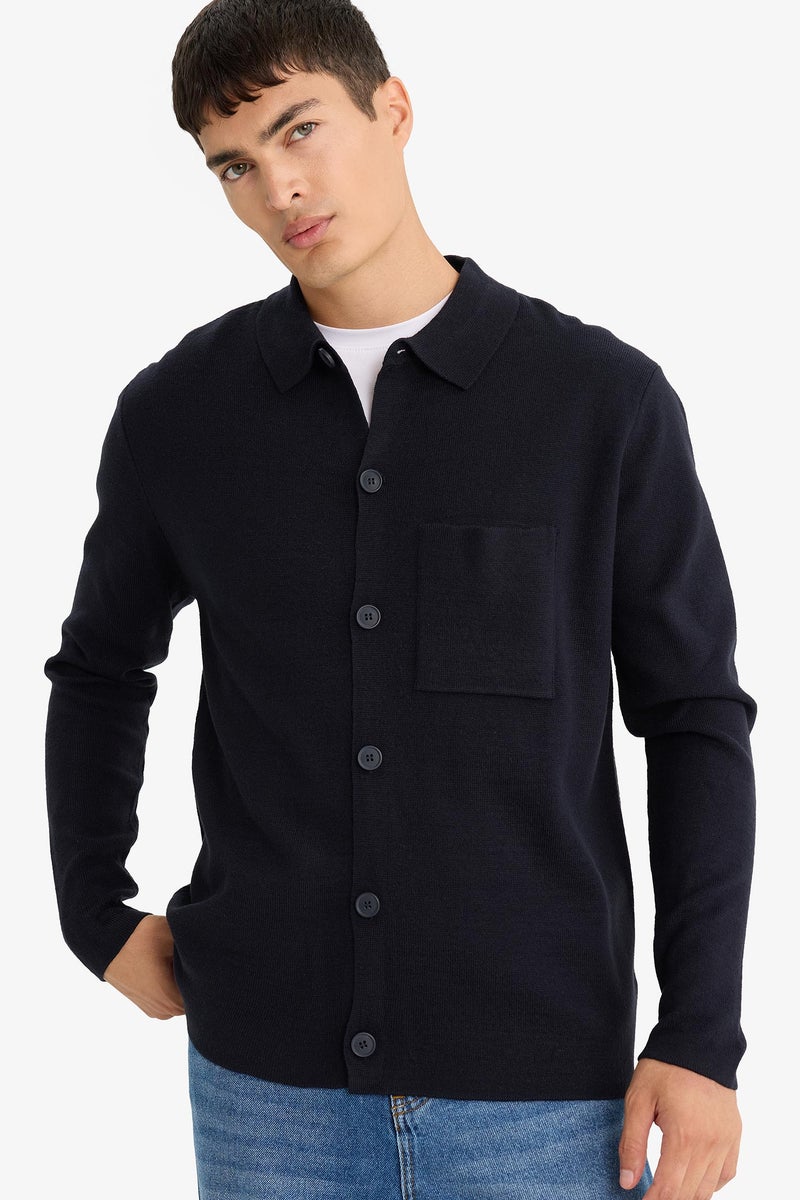 DeFacto Blue Man Standard Fit Polo Collar Knitwear Cardigan Casual - Image 1