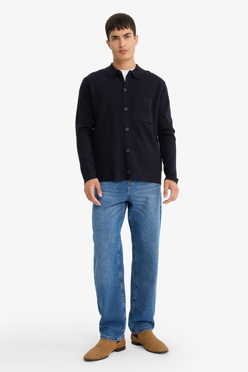 DeFacto Blue Man Standard Fit Polo Collar Knitwear Cardigan Casual - Image 3