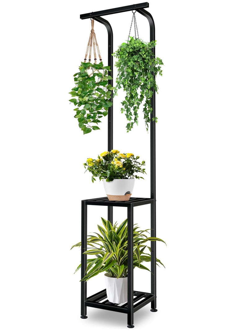 LLAXERGU Plant Stand Indoor Outdoor, 65" Tall Plant Stand Outdoor 3 Tiered Hanging Plant Shelf Heavy Duty Flower Stand Multiple Plant Metal Display Rack for Living Room Garden Balcony - Image 1