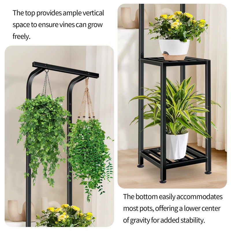 LLAXERGU Plant Stand Indoor Outdoor, 65" Tall Plant Stand Outdoor 3 Tiered Hanging Plant Shelf Heavy Duty Flower Stand Multiple Plant Metal Display Rack for Living Room Garden Balcony - Image 3