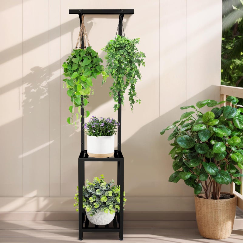 LLAXERGU Plant Stand Indoor Outdoor, 65" Tall Plant Stand Outdoor 3 Tiered Hanging Plant Shelf Heavy Duty Flower Stand Multiple Plant Metal Display Rack for Living Room Garden Balcony - Image 2