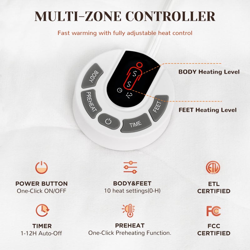 GOTCOZY Multi-Zone Heated Mattress Pad Twin Size - Electric Mattress Pad Fit up to 15" with 10 Heat Setting & 12 Hour Auto Off, Independent Body & Feet Heating, Machine Washableï¼ˆBleachï¼‰ - Image 3