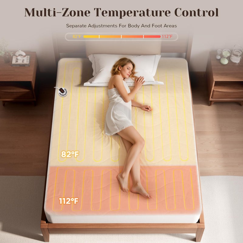 GOTCOZY Multi-Zone Heated Mattress Pad Twin Size - Electric Mattress Pad Fit up to 15" with 10 Heat Setting & 12 Hour Auto Off, Independent Body & Feet Heating, Machine Washableï¼ˆBleachï¼‰ - Image 2