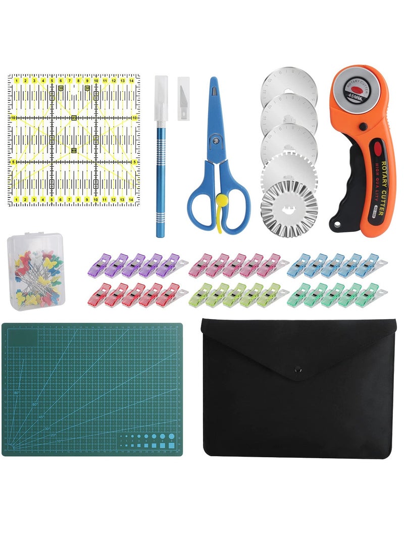 SOLARAE 45mm Fabric Cutter Set, 96 PCS Rotary Cutter Kit,  5 Pcs Replacement Blades, Cutting Mat, Patchwork Ruler, Carving Knife,Scissors, Storage Bag, Sewing Clips,Sewing Full Tools for Quilting Supplies - Image 1