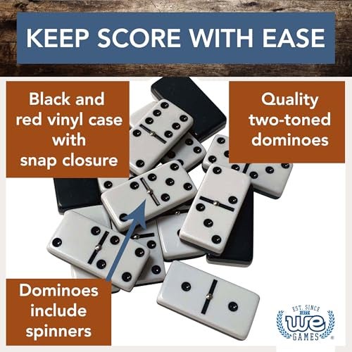 WE Games TwoToned Black White Double 6 Dominoes with Spinners Ideal Size Vintage Style Case Family and Adult Board Games - Image 5