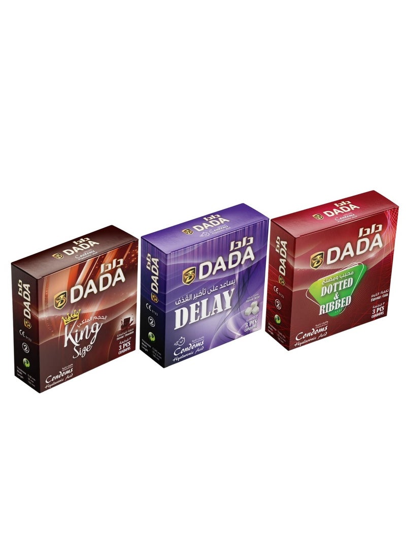 Dada - Dada Condoms, 3 Varieties: King Size, Delay, Dotted & Ribbed, Pack of 3's Each - Image 1