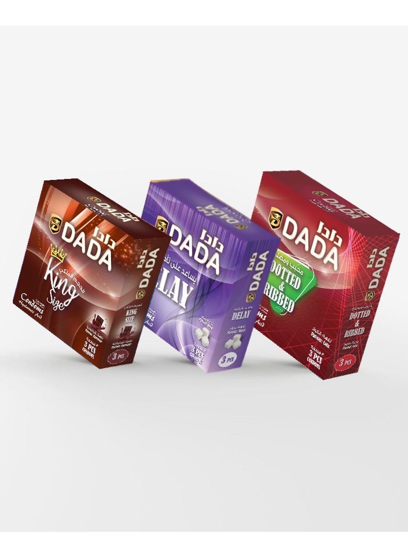 Dada - Dada Condoms, 3 Varieties: King Size, Delay, Dotted & Ribbed, Pack of 3's Each - Image 1