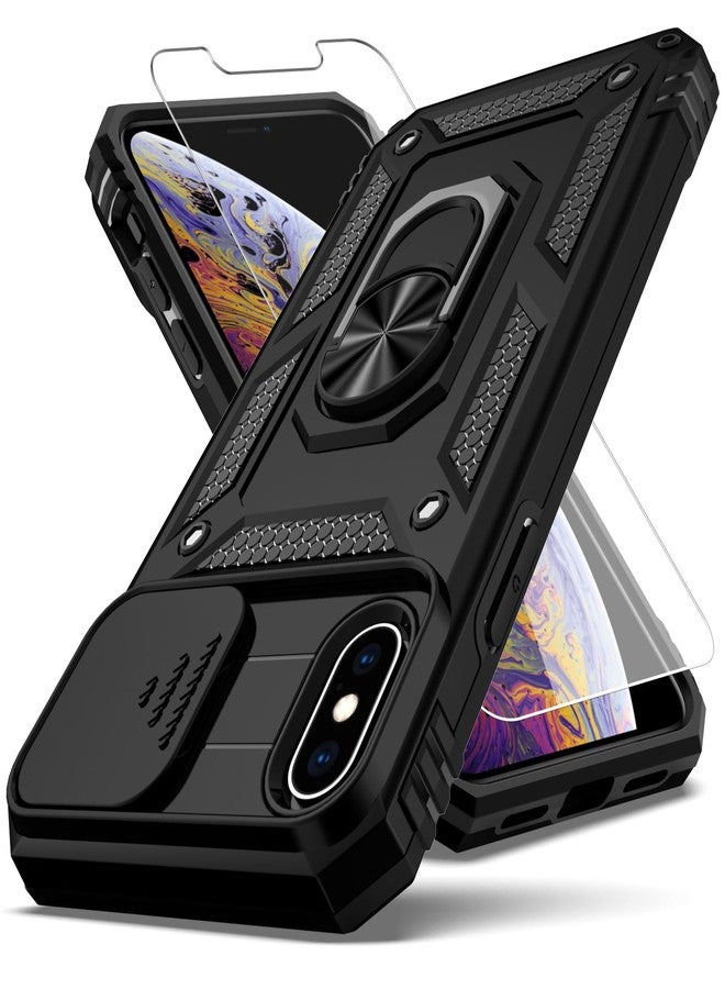 YZOK جراب YZOK لهاتف iPhone X و iPhone Xs، مع غطاء كاميرا منزلق وواقي شاشة عالي الدقة، [حماية للكاميرا] [حامل مغناطيسي دوار] غطاء واقٍ متين مقاوم للصدمات بمواصفات عسكرية - أسود - Image 1