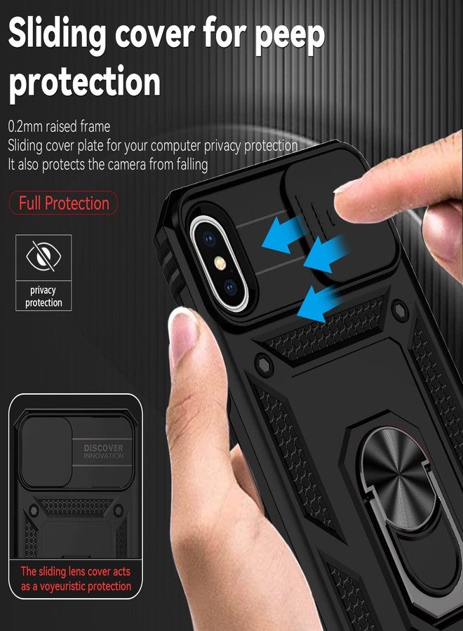 YZOK جراب YZOK لهاتف iPhone X و iPhone Xs، مع غطاء كاميرا منزلق وواقي شاشة عالي الدقة، [حماية للكاميرا] [حامل مغناطيسي دوار] غطاء واقٍ متين مقاوم للصدمات بمواصفات عسكرية - أسود - Image 4