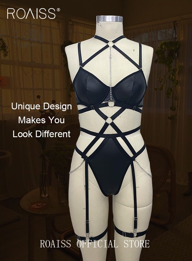 roaiss حلقة براءة اختراع التفاصيل تسخير الرباط مجموعة الملابس الداخلية Strappy الملابس الداخلية سلسلة معدنية جلدية قطعة واحدة ارتداءها هدية للسيدات زوجة صديقة - Image 1