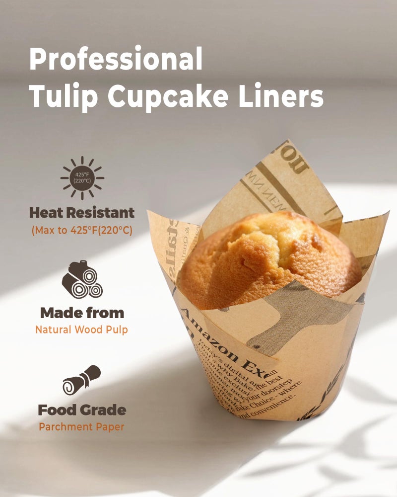 Bake Choice 200pcs Tulip Cupcake Liners for Baking Cups Newspaper Print Parchment Paper Tulip Muffin Liners, Grease Resistant Cupcake Wrappers for Party, Christmas - Image 3