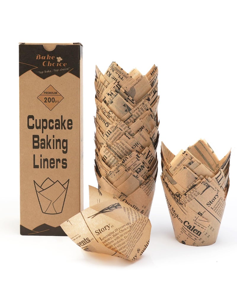Bake Choice 200pcs Tulip Cupcake Liners for Baking Cups Newspaper Print Parchment Paper Tulip Muffin Liners, Grease Resistant Cupcake Wrappers for Party, Christmas - Image 1