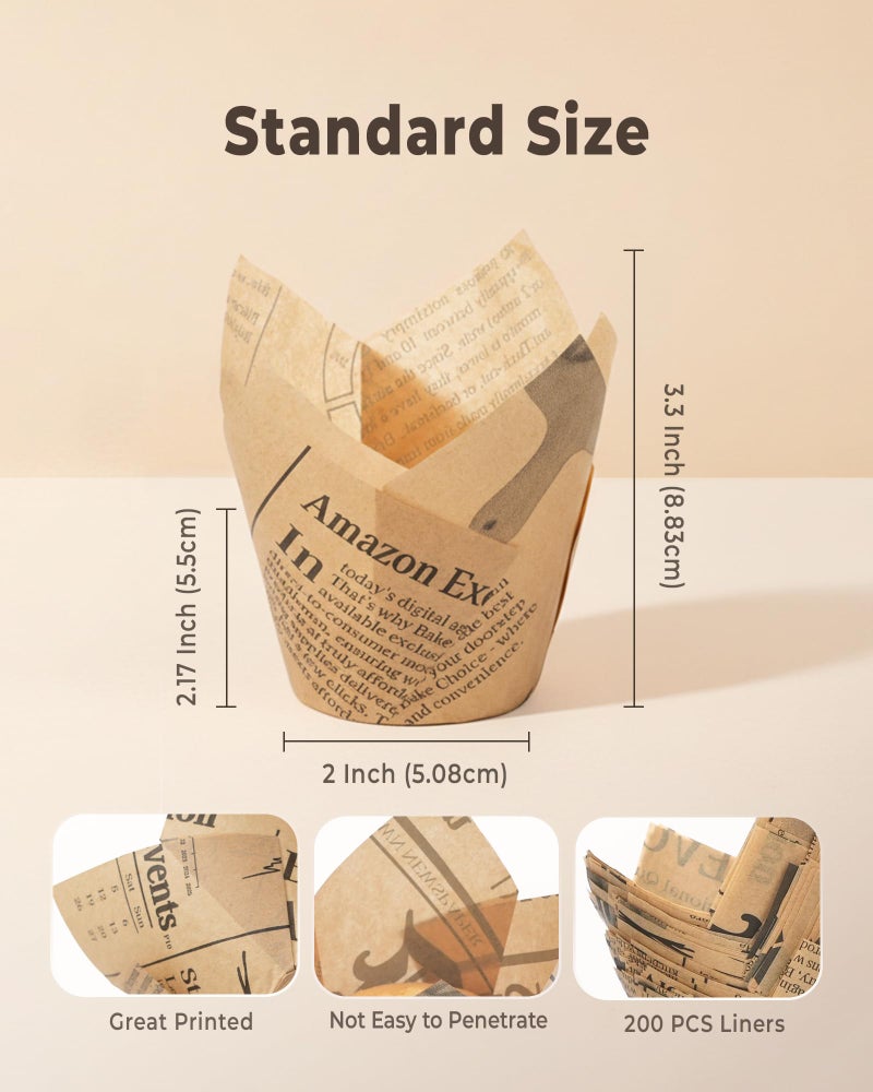 Bake Choice 200pcs Tulip Cupcake Liners for Baking Cups Newspaper Print Parchment Paper Tulip Muffin Liners, Grease Resistant Cupcake Wrappers for Party, Christmas - Image 4