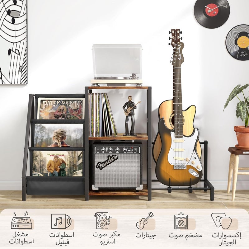 Keebofly Record Player Stand, Guitar Stand for Acoustic, Electric Guitar, Bass with Amp Stand, 3-Tier Vinyl Record Storage Up to 200 Albums, Record Player Table for Record Player, Speaker, Amplifier - Image 2