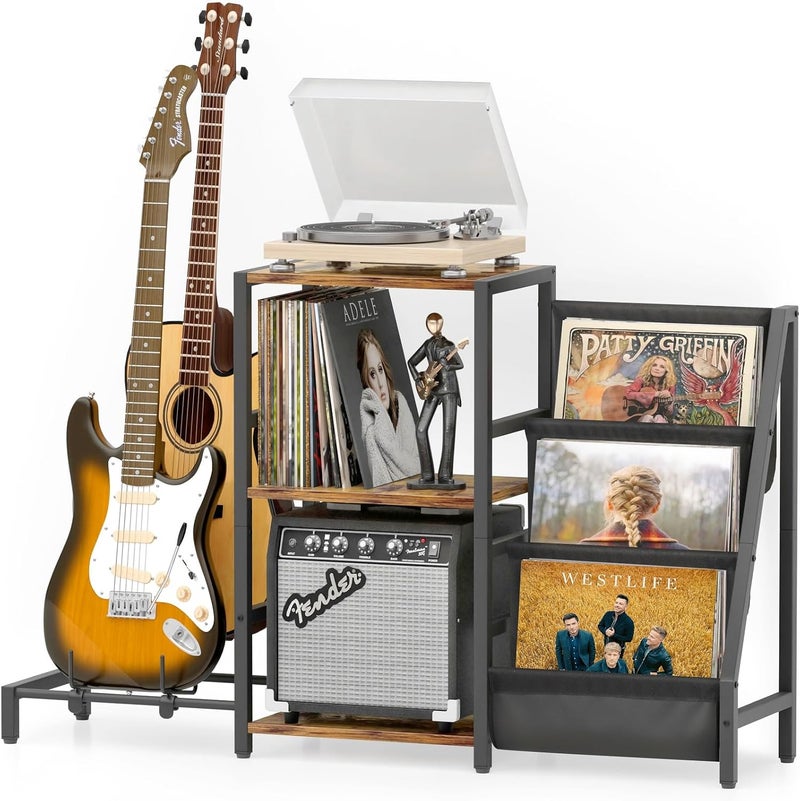 Keebofly Record Player Stand, Guitar Stand for Acoustic, Electric Guitar, Bass with Amp Stand, 3-Tier Vinyl Record Storage Up to 200 Albums, Record Player Table for Record Player, Speaker, Amplifier - Image 1