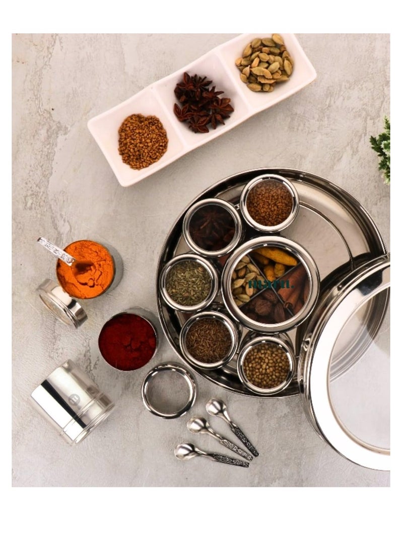 MARU 12 IN 1 Spice Box Stainless Steel with Middle Container Partitions | Masala Dabba Steel Masala Box For Kitchen Steel | Masala Dani For Kitchen See Through Lid (Size 13 Large 21.5cms) Silver - Image 1