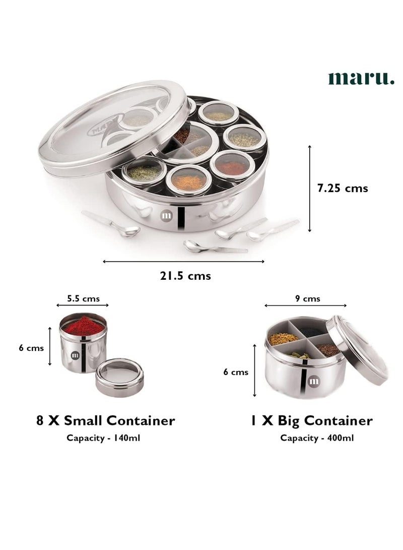 MARU 12 IN 1 Spice Box Stainless Steel with Middle Container Partitions | Masala Dabba Steel Masala Box For Kitchen Steel | Masala Dani For Kitchen See Through Lid (Size 13 Large 21.5cms) Silver - Image 2