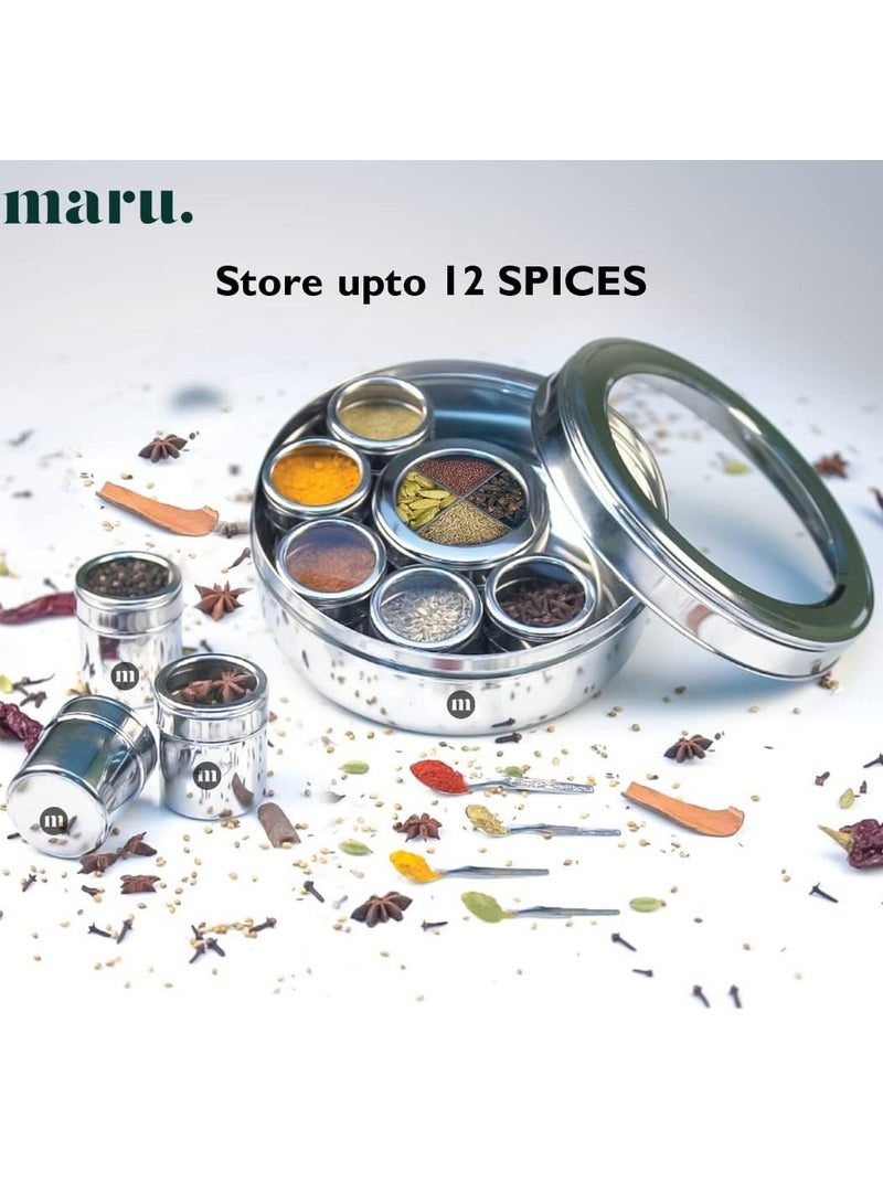 MARU 12 IN 1 Spice Box Stainless Steel with Middle Container Partitions | Masala Dabba Steel Masala Box For Kitchen Steel | Masala Dani For Kitchen See Through Lid (Size 13 Large 21.5cms) Silver - Image 3