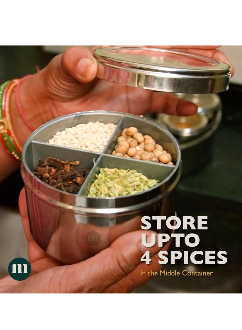 MARU 12 IN 1 Spice Box Stainless Steel with Middle Container Partitions | Masala Dabba Steel Masala Box For Kitchen Steel | Masala Dani For Kitchen See Through Lid (Size 13 Large 21.5cms) Silver - Image 4
