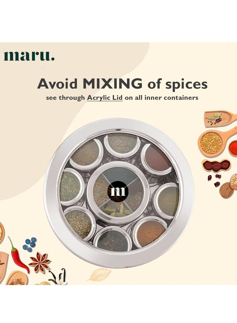 MARU 12 IN 1 Spice Box Stainless Steel with Middle Container Partitions | Masala Dabba Steel Masala Box For Kitchen Steel | Masala Dani For Kitchen See Through Lid (Size 13 Large 21.5cms) Silver - Image 5
