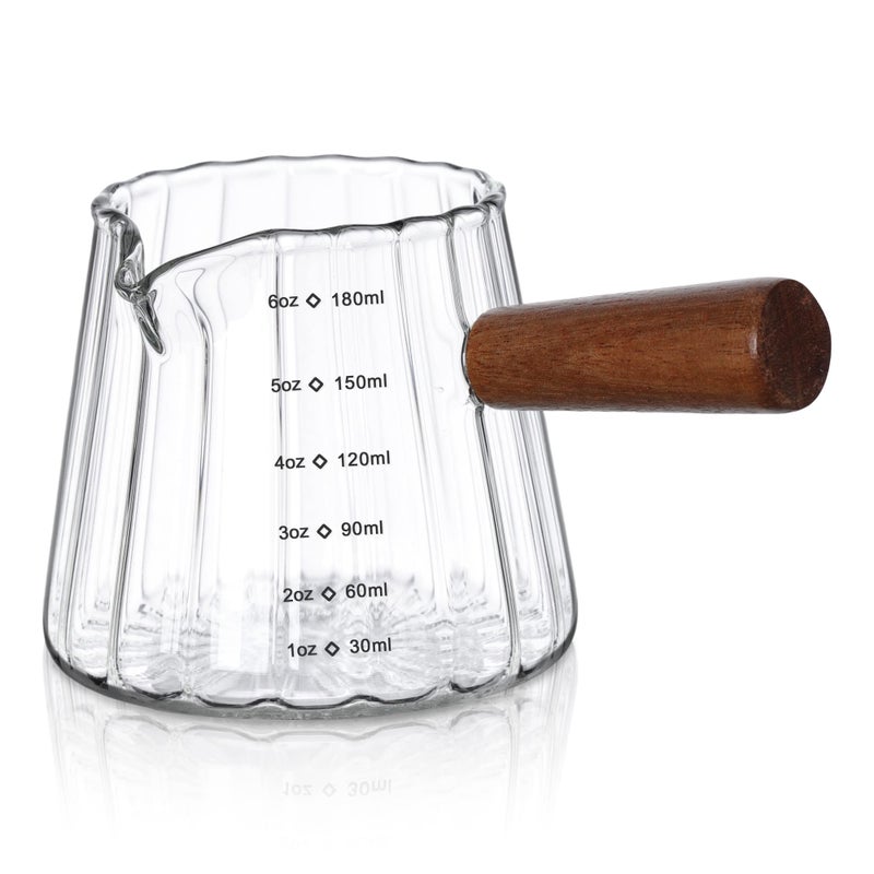 Joeyan 6 oz Glass Measuring Cups with SpoutBorosilicate Glass Triple Pitcher with ScaleOrigami Style Espresso Shot Glasses with Wood Handle for Coffee MilkDishwasher Safe