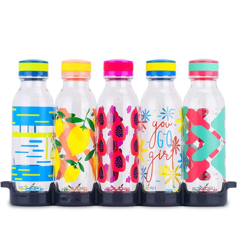 Reduce WaterWeek Reusable Water Bottle Set 20oz  Plastic Reusable Water Bottle Set of 5 Plus Fridge Tray  BPAFree Leak Proof Twist Off Cap  You Go Girl