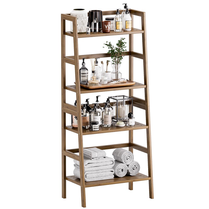 HITNET Ladder Shelf, 4-Tier Bamboo Bookshelf, Freestanding Open Display Storage Rack, Space Saving Flower Plant Display Stand for Bathroom Living Room, Walnut - Image 1