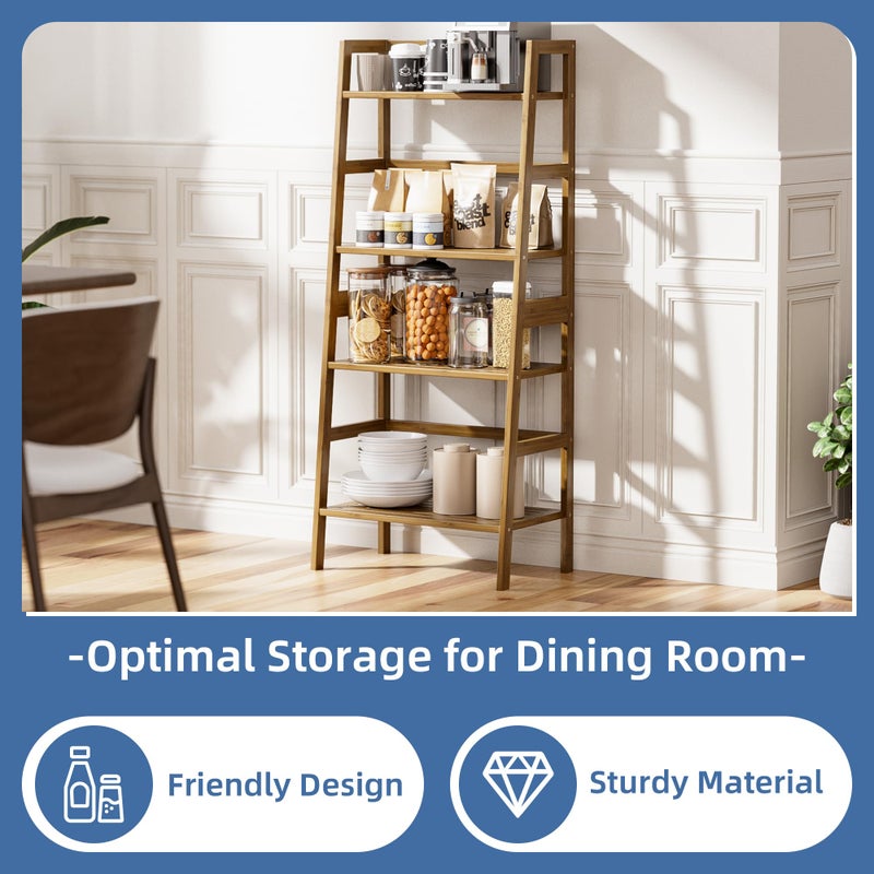 HITNET Ladder Shelf, 4-Tier Bamboo Bookshelf, Freestanding Open Display Storage Rack, Space Saving Flower Plant Display Stand for Bathroom Living Room, Walnut - Image 4
