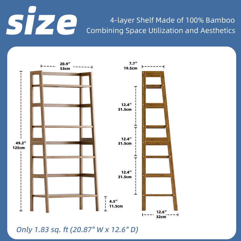 HITNET Ladder Shelf, 4-Tier Bamboo Bookshelf, Freestanding Open Display Storage Rack, Space Saving Flower Plant Display Stand for Bathroom Living Room, Walnut - Image 3
