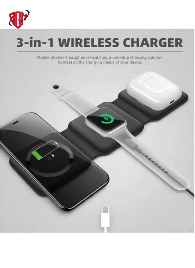 BGM - 3-in-1 Mag-Safe Wireless Charger 15W Foldable Charging Station for iPhone, Apple Watch & AirPods (Black) - Image 1