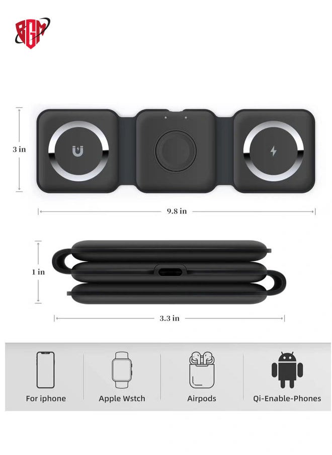 BGM - 3-in-1 Mag-Safe Wireless Charger 15W Foldable Charging Station for iPhone, Apple Watch & AirPods (Black) - Image 1