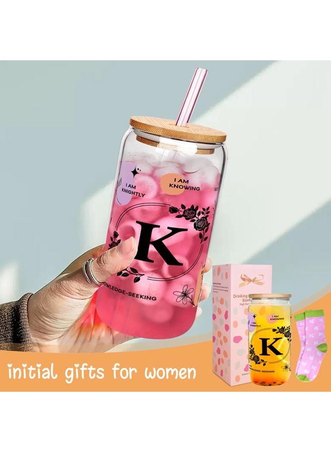 Anotion Cute Cups - Monogrammed Gifts for Women Ini-tial Gifts for Women Personalized Gifts for Women Birthday Gifts for Women - Glass Coffee Cups with Lids and Straw Glass Cups with Lids and Straws - Image 4