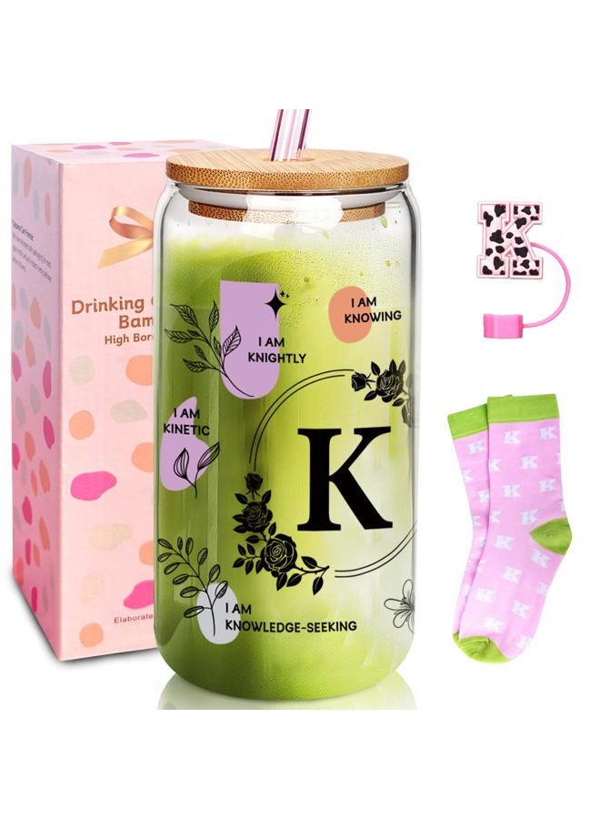 Anotion Cute Cups - Monogrammed Gifts for Women Ini-tial Gifts for Women Personalized Gifts for Women Birthday Gifts for Women - Glass Coffee Cups with Lids and Straw Glass Cups with Lids and Straws - Image 1