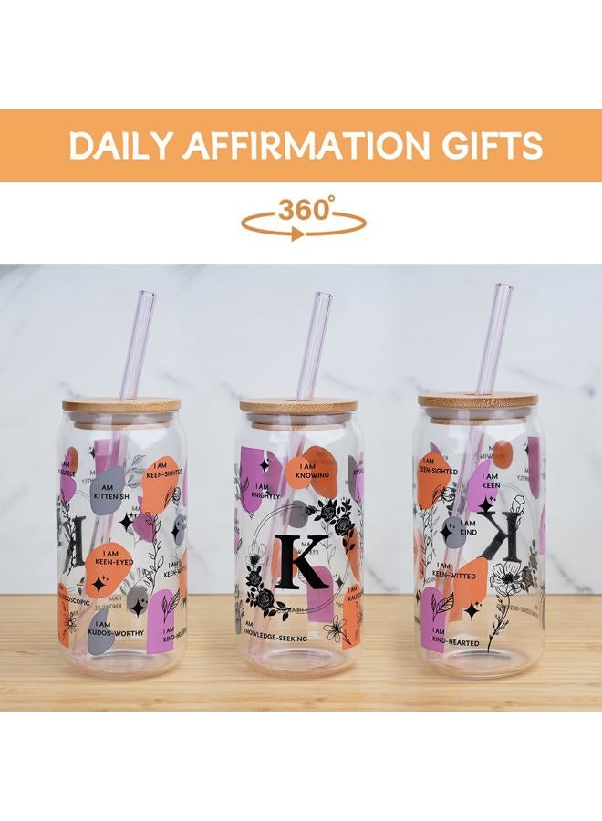 Anotion Cute Cups - Monogrammed Gifts for Women Ini-tial Gifts for Women Personalized Gifts for Women Birthday Gifts for Women - Glass Coffee Cups with Lids and Straw Glass Cups with Lids and Straws - Image 3