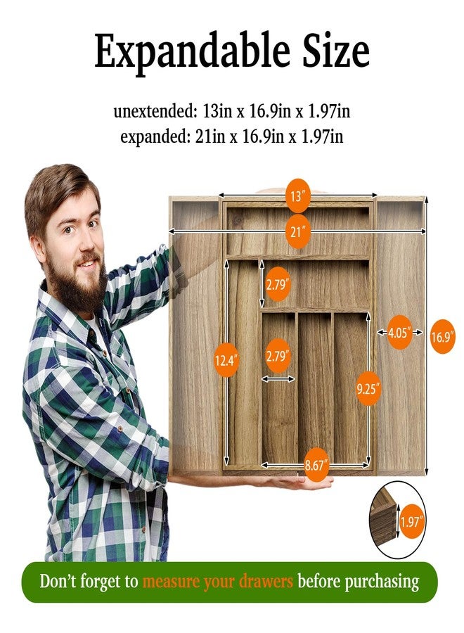 Kiasthome Acacia Wood Kitchen Silverware Drawer Organizer, Expandable Utensil Cutlery Drawer Organizer with Dividers, Flatware Organizer Silverware Tray for Spoon, Fork, 13''-21''x16.9'' (6-8 Slots) - Image 2