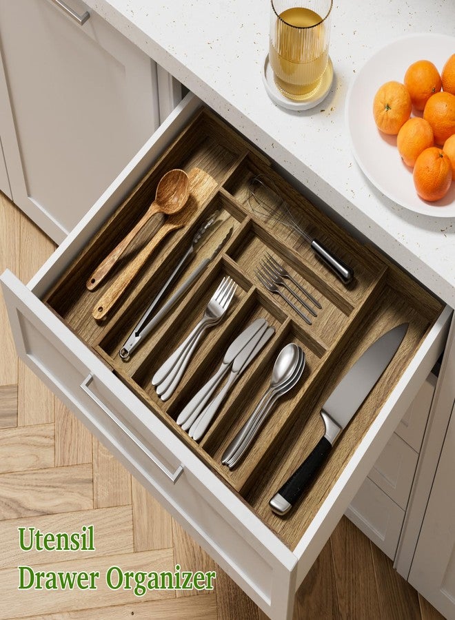 Kiasthome Acacia Wood Kitchen Silverware Drawer Organizer, Expandable Utensil Cutlery Drawer Organizer with Dividers, Flatware Organizer Silverware Tray for Spoon, Fork, 13''-21''x16.9'' (6-8 Slots) - Image 3