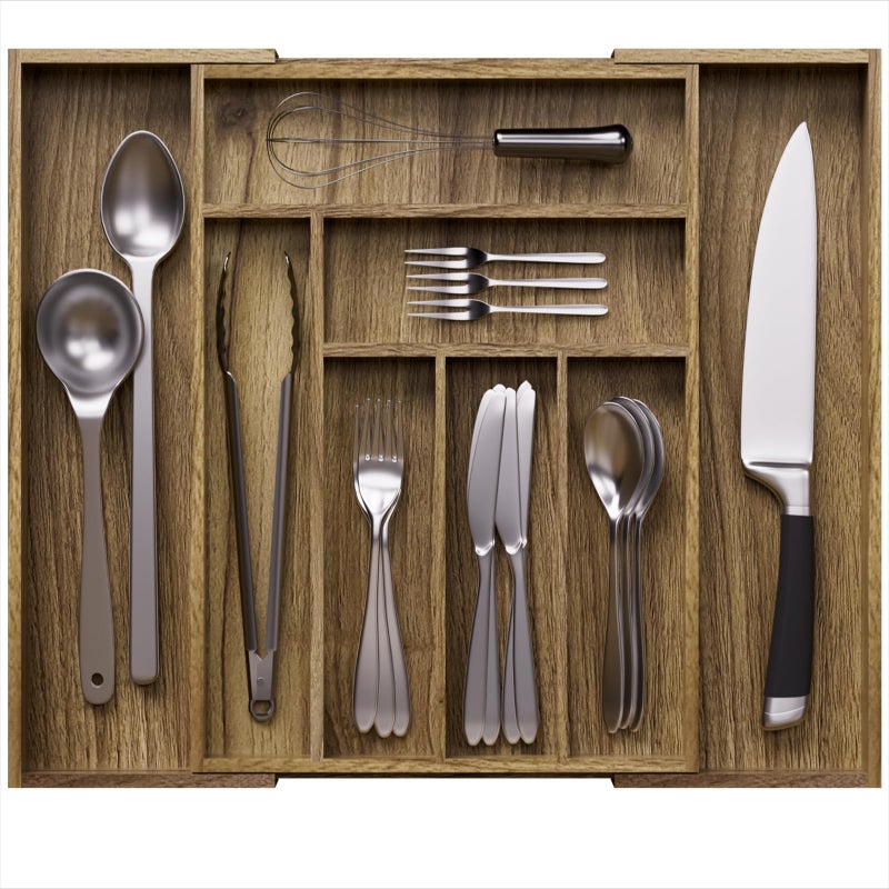 Kiasthome Acacia Wood Kitchen Silverware Drawer Organizer, Expandable Utensil Cutlery Drawer Organizer with Dividers, Flatware Organizer Silverware Tray for Spoon, Fork, 13''-21''x16.9'' (6-8 Slots) - Image 1