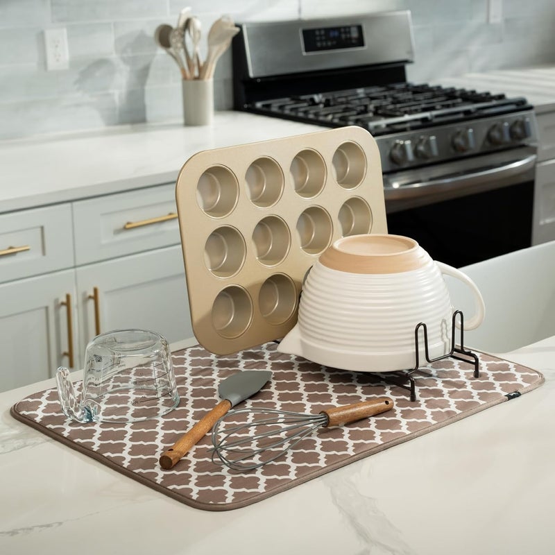 S&T INC. Dish Drying Mat for Kitchen, Absorbent, Reversible XL Microfiber Dish Mat, 18 Inch x 24 Inch, Taupe Trellis - Image 2