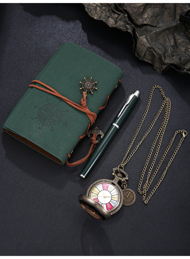 New men's classical elegant pocket watch set, paired with a green pen and notebook, suitable as a holiday birthday gift for classmates, colleagues, and friends