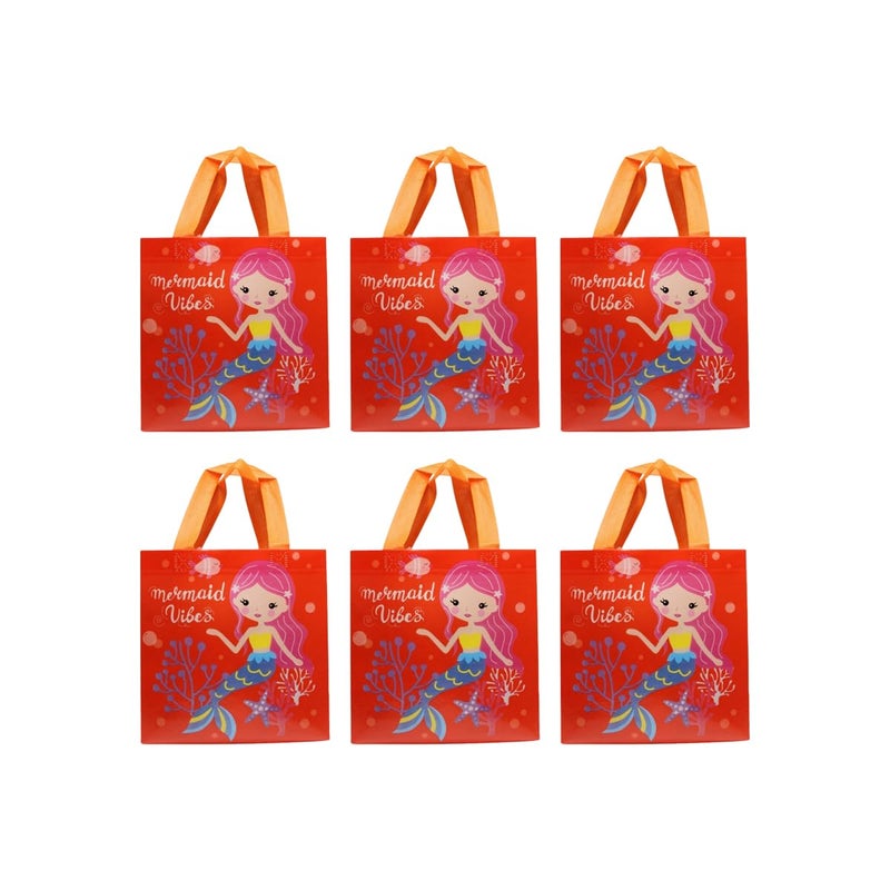 Wonderland SET of 6 Red Mermaid Print Non Woven Bag for Children birthday return gift bag, boy, girl gifting bag - Image 1