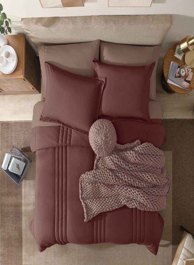 Monbix Full Comforter Set - 7 Pieces Dark Red Bed in a Bag Full Size Bedding Sets with Comforters, All Seasons Comforter with Sheets, Pillowcases & Shams - Image 2