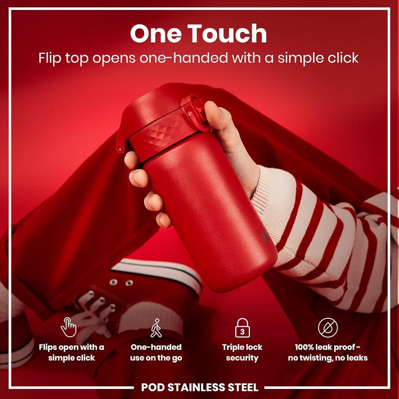 ION8 Lightweight Steel Kids Water Bottle, 400ml/13oz, Leak Proof, Easy to Open, Red - Image 3