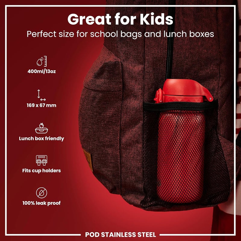 ION8 Lightweight Steel Kids Water Bottle, 400ml/13oz, Leak Proof, Easy to Open, Red - Image 2