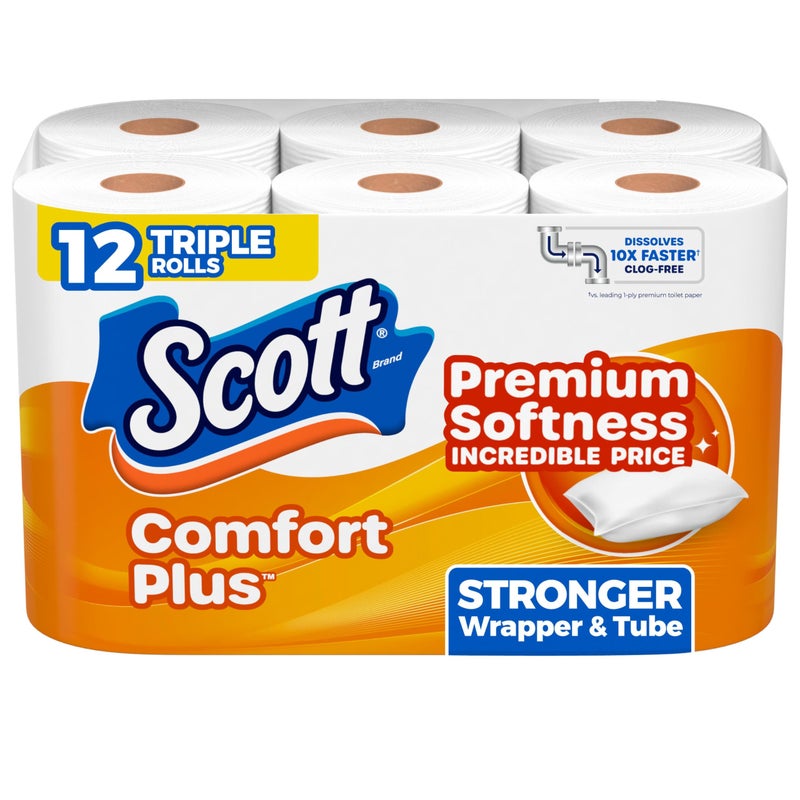 Scott ComfortPlus Toilet Paper, Durable Shipping Pack, 12 Triple Rolls, 231 Sheets per Roll, 1-Ply Toilet Tissue - Image 1