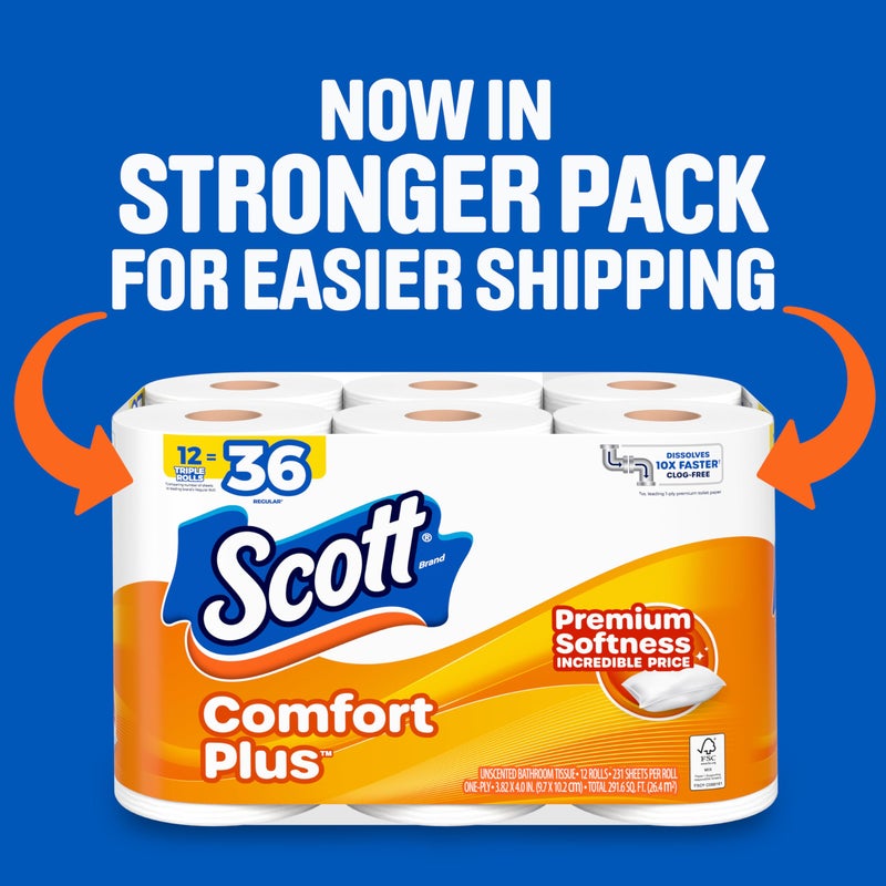 Scott ComfortPlus Toilet Paper, Durable Shipping Pack, 12 Triple Rolls, 231 Sheets per Roll, 1-Ply Toilet Tissue - Image 2