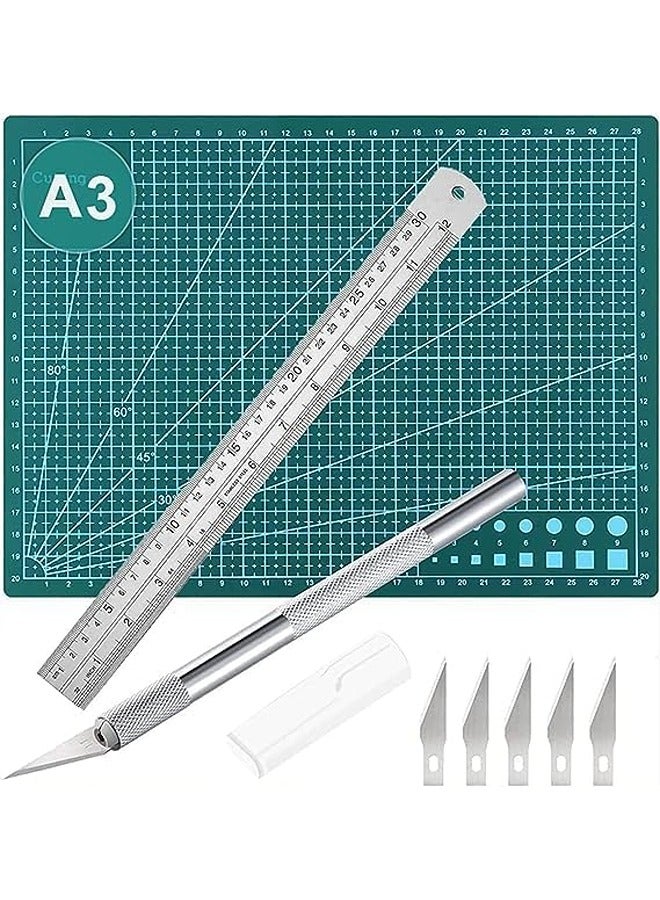 حصيرة قطع ذاتية التدوير، لوح تقطيع دوار مزدوج الجوانب مع أداة نحت يدوية ومسطرة، حصيرة قطع ذكية مقاس A3 للفنون والحرف اليدوية والخياطة وخياطة اللحف ومشروعات سجل القصاصات - Image 1