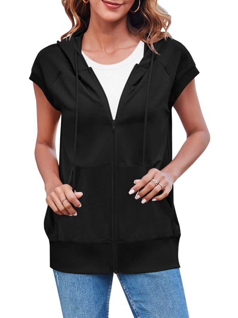 Fisoew Women's Sleeveless Zip Up Hoodies Casual Loose Fit Drawstring Sweatshirts Lightweight Jackets Vest with Pockets - Image 1